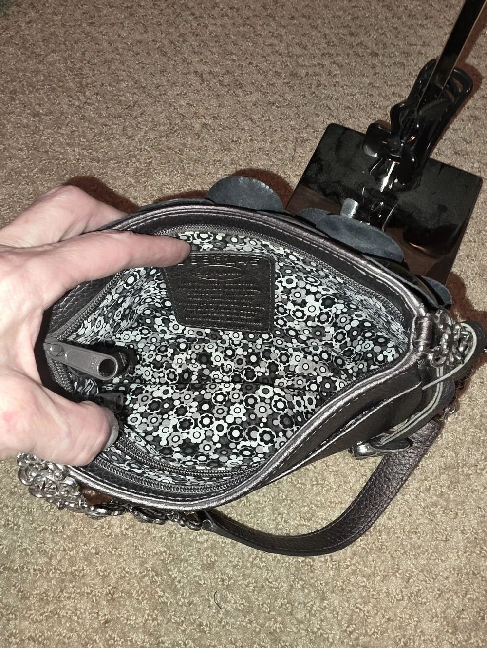 BRIGHTON ROSALIE Floral Applique Shoulder Bag PEWTER